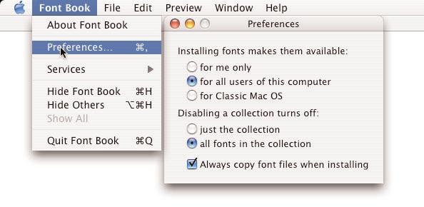 associated with the previous disk location or directory is lost. If the font is on a separate volume, it is copied to the designated Font Book installation location.