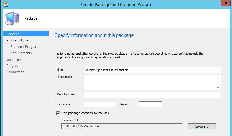 To create the SCCM deployment package for uninstallation 1. In the SCCM administration console, open the Software library tab. 2. Go to Application Management > Packages and select Create Package. 3.