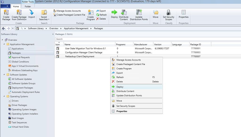 4. In SCCM Application Management > Packages, right-click NetBackup Client