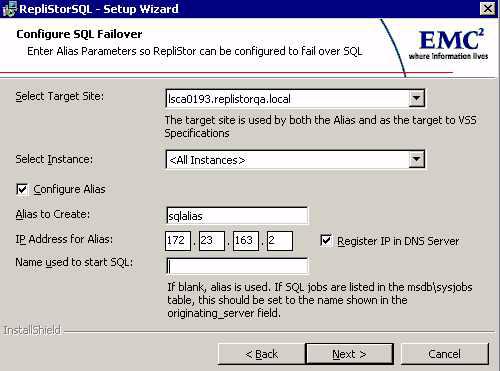 After accepting the license conditions, click Next, and the SQL 2005 Parameters - Alias window
