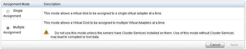 One virtual disk can be accessed by multiple servers only when the Multiple Assignment mode is selected.