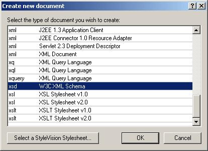 XMLSpy Tutorial Creating a basic XML Schema 5 Creating a new XML Schema file To create a new XML Schema file: 1. Select the menu option File New. The Create new document dialog opens. 2.