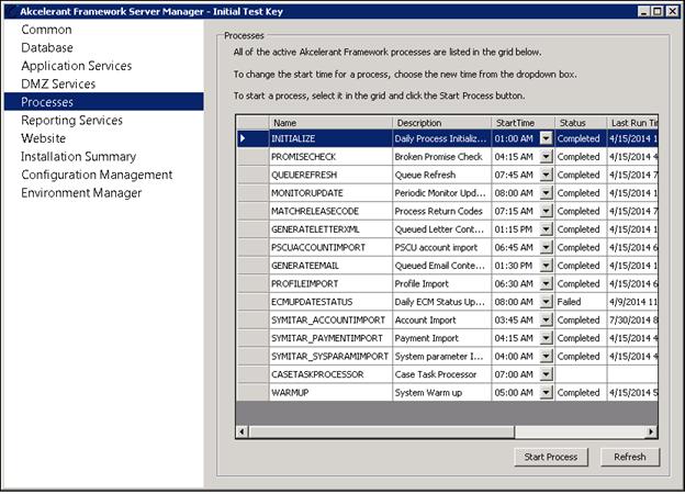 Processes The Processes section enables the configuration of various Akcelerant Framework processes.
