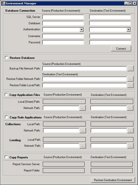 Environment Manager contains five sections: Database Connection Resource Database Copy Application Files Copy Rule