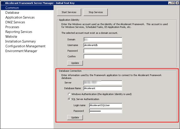 The Database Connection section is used to maintain the SQL server connection parameters, which includes the server name (or SQL instance name), database name and authentication mode.