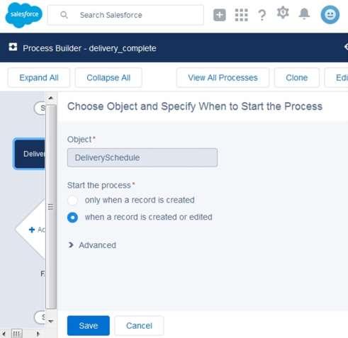 Next we get a process automation window. Click New to go to the next step. And choose the Object delivery schedule as shown below. Click Save.