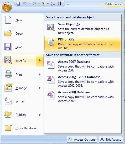 Saving Databases 1. Saving for Use in a Previous Version a. Access 2007 comes with an option to save your database in an Access 2002-2003 or 2000 format. i. Access closes the original database and opens a new copy of the database in the format that you specified.