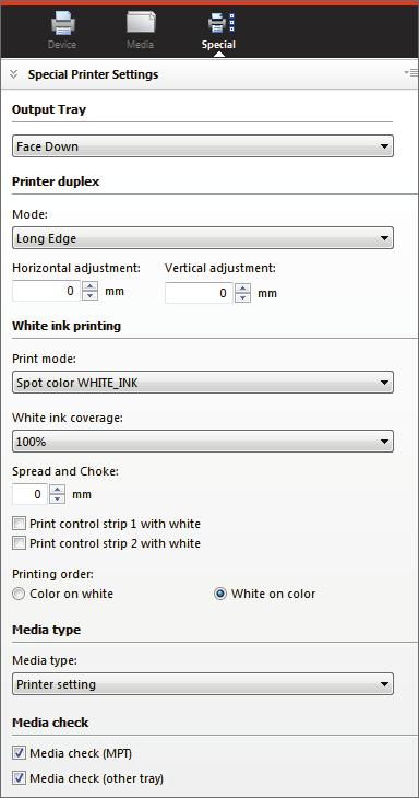 In [Printing order], specify the print order when overlaying colored sections with white sections and select [Media type: Printer setting]. 2 Set a name for the new [Output Device].