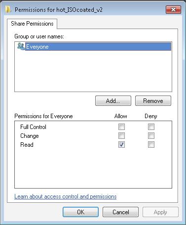 In this window, check [Share this folder] and click the [Permissions] button to display the [Permissions for hot_ ISOcoated_v2] window.