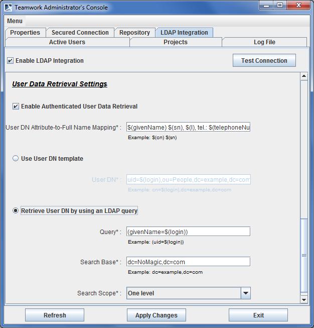 LDAP Support Figure 51 -- Teamwork Administrator s Console, LDAP Integration tab.