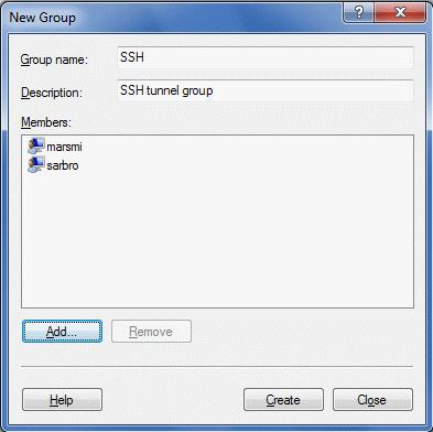 Connecting Teamwork server via SSH encrypted tunnel Figure 55 -- The New Group dialog 5. Create SSH-aware local password file with 'tunnel' user entry.