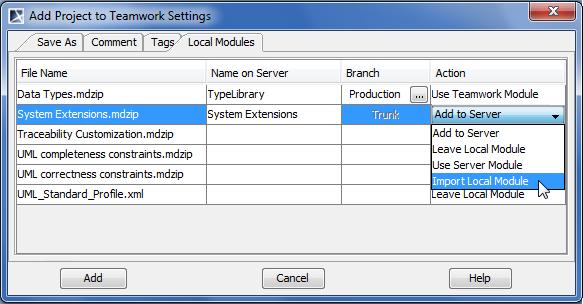 Working with Teamwork Projects Leave Local Module leaves the selected module on a local workstation. IMPORTANT! Standard modules provided by MagicDraw can take only this action.