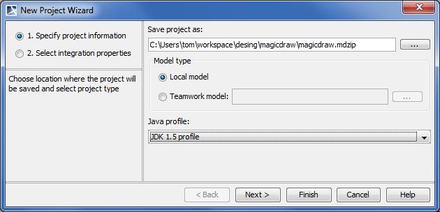 Working with Teamwork Projects Creating Teamwork Project in IDE integration 1. Start a new MagicDraw project in the IDE integration you are working on. The New Project Wizard dialog opens.