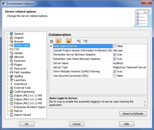 Working with Teamwork Projects Customizing Teamwork Server Properties In the Collaboration pane of the Environment Options dialog, set the general Teamwork Server properties.