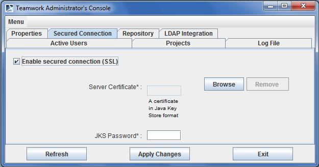 Managing Teamwork Server Figure 25 -- Teamwork Administrator's Console. Secured Connection tab To generate certificates TIP!