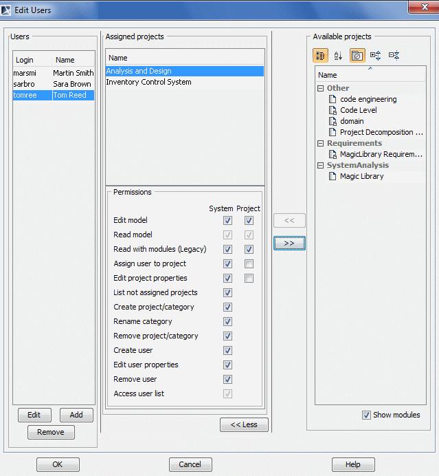 Teamwork Dialogs Figure 31 -- Edit Users dialog Group box/button Element Function name Users Login The user login name. Name The user s full name. Edit Edit the user s name and password.