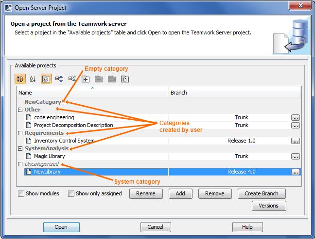 Teamwork Dialogs Figure 34 -- The Open Teamwork Project dialog Element name Description Buttons of the Category toolbar Categorized view Displays the categorized structure of the project list.