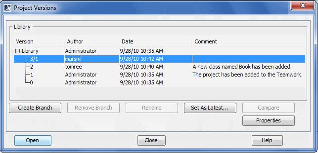 Teamwork Dialogs 2. In the Open Server Project dialog, select a project and click the Versions button.