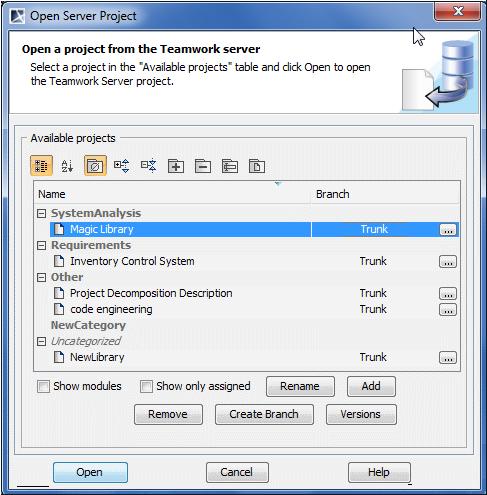 Project Branching in Teamwork To quickly open the latest version of a branch using the Open Server Project dialog 1.