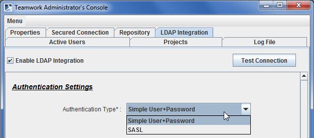LDAP Support To select an authentication type for LDAP integration In the Authentication Type list, select a desired protocol. Figure 48 -- Teamwork Administrator s Console, LDAP Integration tab.
