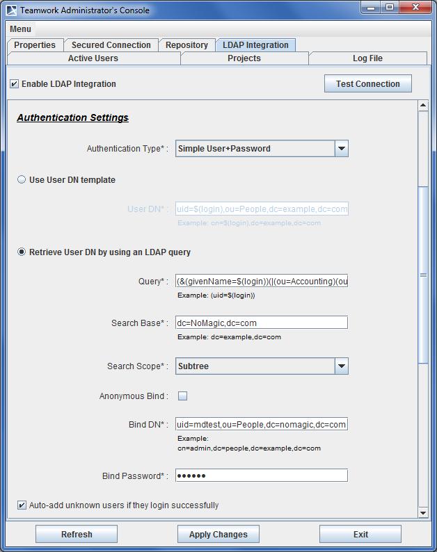 LDAP Support. Figure 49 -- Teamwork Administrator s Console, LDAP Integration tab.