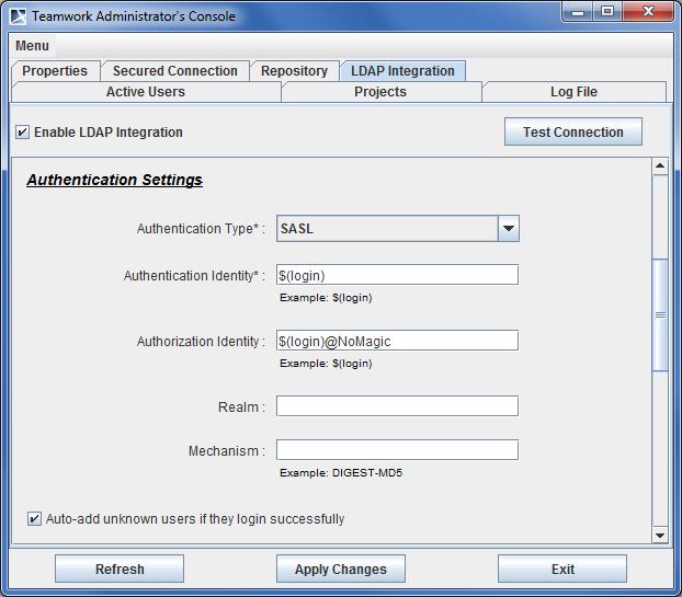 LDAP Support Authentication settings for the SASL authentication type Figure 50 -- Teamwork Administrator s Console, LDAP Integration tab.
