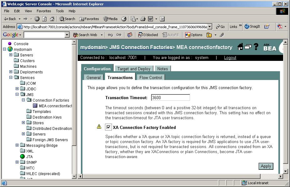 Enable JMS Connection Factory for MEA 6 Check the XA Connection Factory Enabled check-box and click Apply. 7 Close the browser.