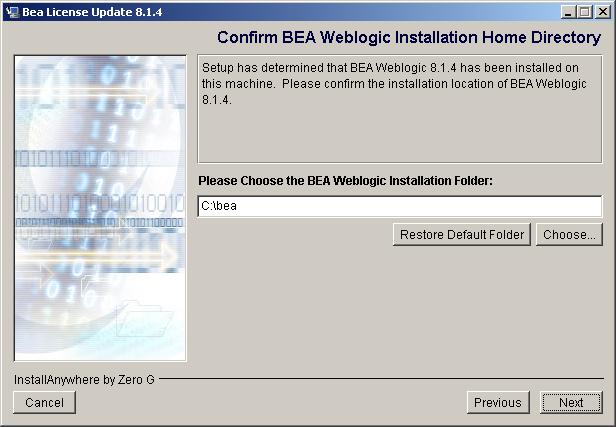Installing the License Update Program 3 Accept the default WebLogic installation folder (c:\bea) and