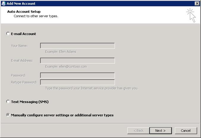 Select Manually configure server settings or additional server types 7. In the Add New Account Choose Service screen, select Microsoft Exchange Server and click Next.