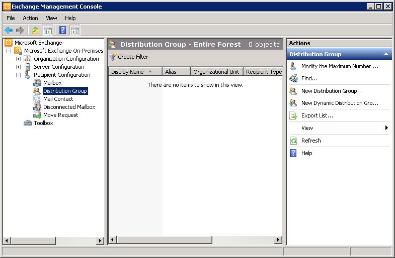 1. Launch the Exchange Management Console on the Exchange server and select Distribution Group under