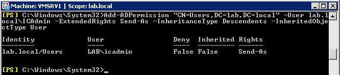 The parameters in italics will vary: Add-ADPermission CN=Users,DC=domain,DC=com User domain\ic_administrator_account ExtendedRights Send-As InheritanceType Descendents InheritedObjectType User For