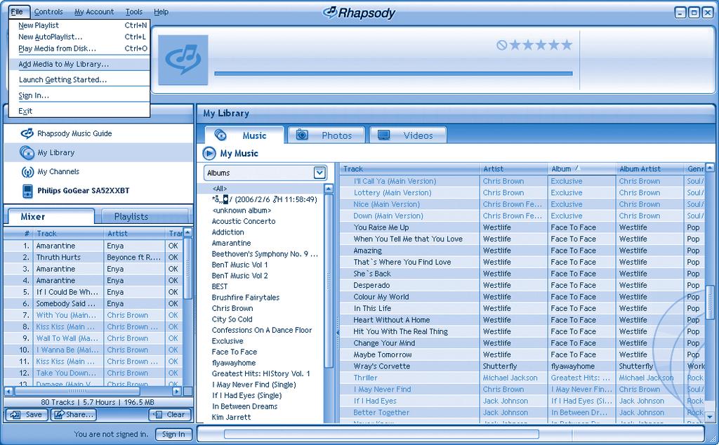 Add your music to the player You can add the music that is stored on your PC. For more information visit www.rhapsody.com. 1 2 3 4 5 Ensure the computer is connected to the Internet.