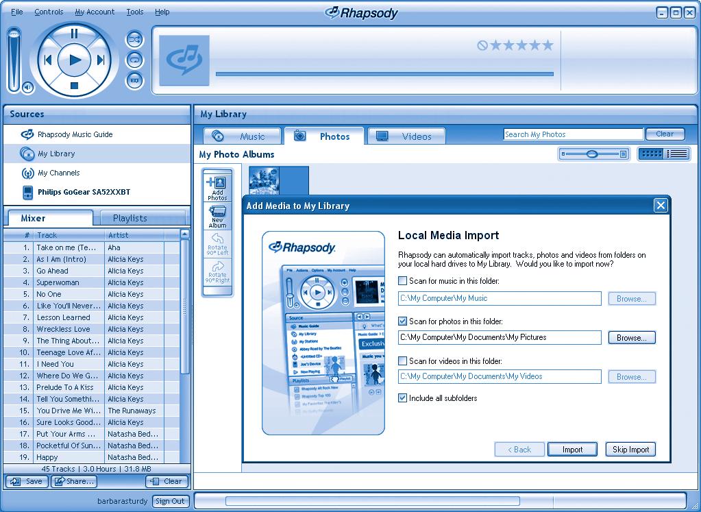 Transfer picture files to the player with Rhapsody Media Player You can transfer picture files to your player using Rhapsody Media Player. 1 Connect the player to the computer.