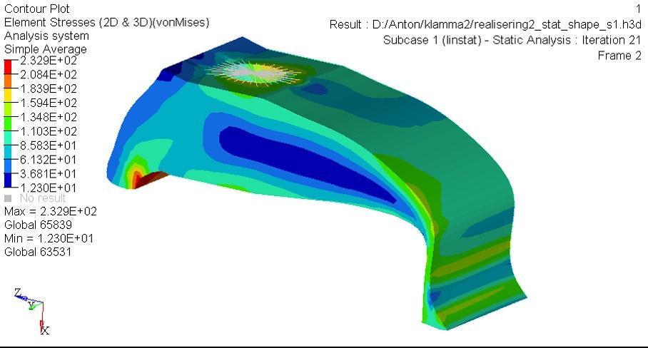Figure 4.8: Stresses of the shape optimized clip 4.2.4 Shape optimization To improve the design a shape optimization is performed on the realized model.