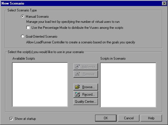 2 Open the Controller. In the Load Testing tab, click Run Load Tests. The LoadRunner Controller opens. By default, the Controller opens with the New Scenario dialog box. 3 Select a Scenario Type.