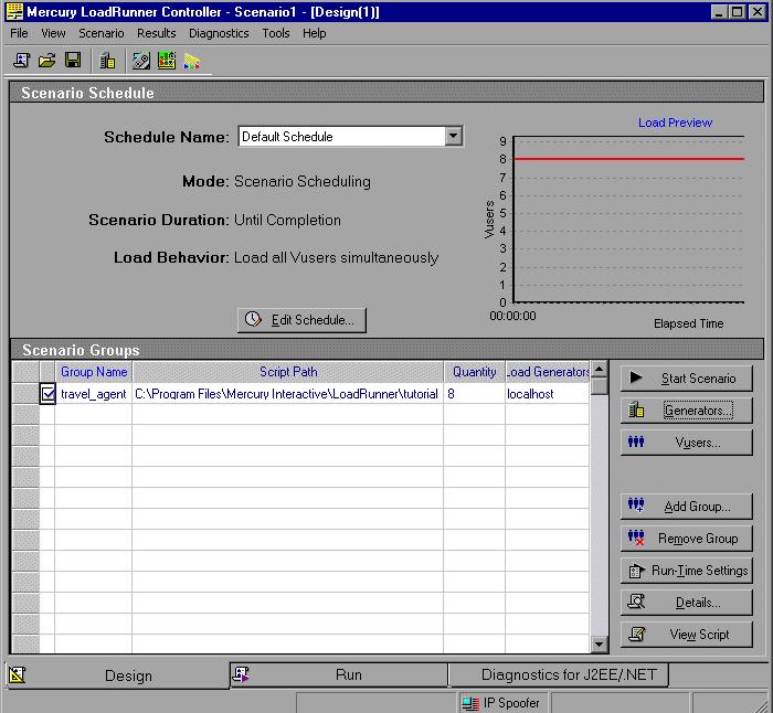 Designing the Scenario The Controller window s Design tab contains two primary sections, the Scenario Schedule and the Scenario Groups: Scenario Schedule section (Manual Scenario) Load Generator