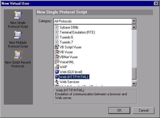 3 Create a blank Web script. Click New Vuser Script in the Scripts tab in the VuGen Start Page. The New Virtual User dialog box opens, showing the screen for a New Single Protocol Script.