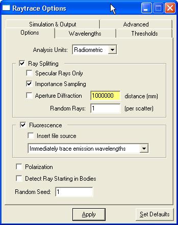 Select the Options tab of the Raytrace Options dialog box (Raytrace Menu) and click the Fluorescence checkbox.