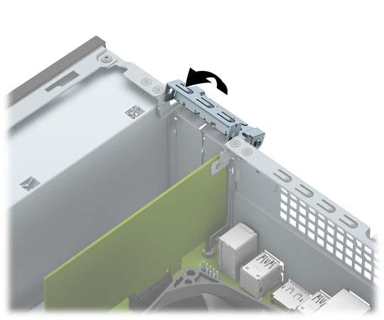 8. To install a new expansion card, hold the card just above the expansion socket on the system board then move the card toward the rear of the chassis (1) so that the bracket on the card is aligned