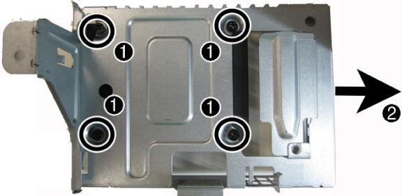 Remove the screw that secures the hard drive cage to the computer (1), remove the cable from the clip in the cage (2), and then rotate the