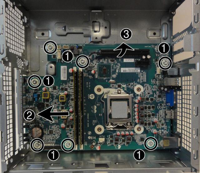 9. Remove the six Torx screws (1) that secure the system board to the chassis. 10. Slide the system board toward the front of the chassis to disengage the connectors (2). 11.