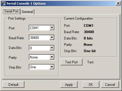 Options button on the Serial Console view's toolbar. The Serial Port must be configured with the device node into which the serial cable is plugged.