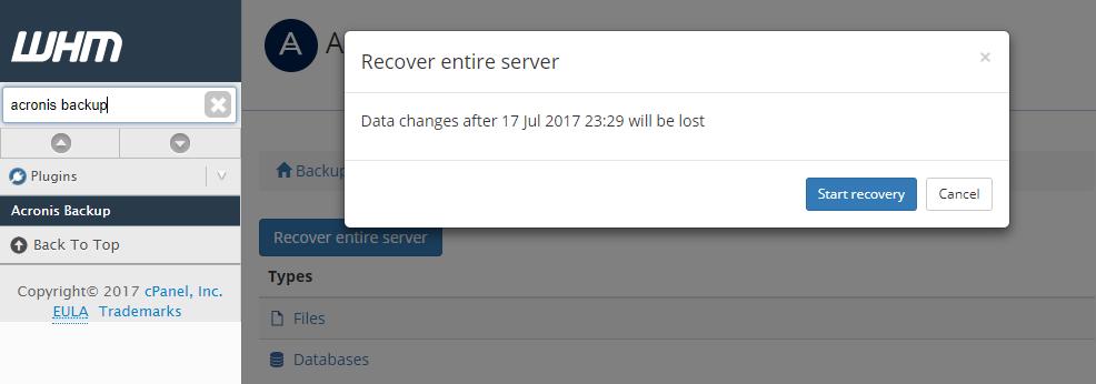 9 Recovering from WHM interface The recovery is the same as described in "Recovery in the cpanel UI".