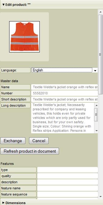 Print templates Editing products 5 In the secondary window on the right, you can specify the language in which you want the product data to be inserted under "Language" 6 You can edit the x and y