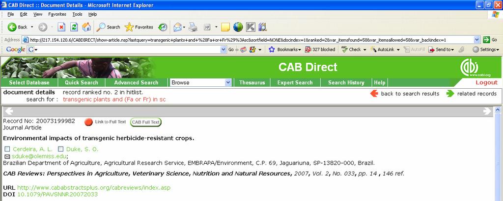 used to code database records which have links to the CABI Full Text database articles and the CAB ebooks, which are available as separate databases.