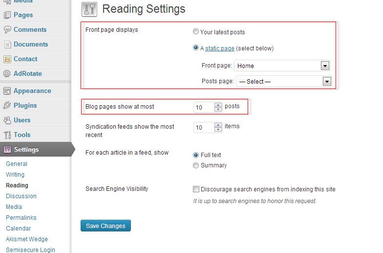 Settings (Post Page) Choose if you want your front page to directly show Posts or otherwise show a selected page.