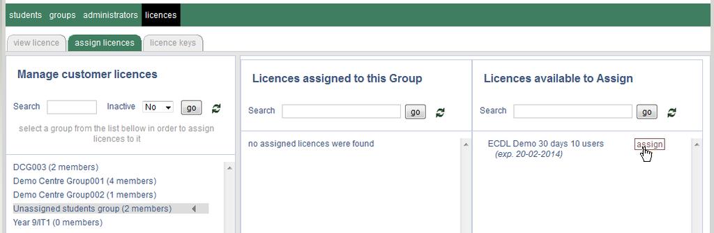 6. Click the Assign Licences tab. 7. Click on the group you want to assign the licence to 8. Licences available to assign will be shown in the right column.
