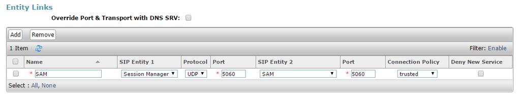 Page: 18 of 20 SIP Entity should be configured as follows. Important fields: Name: Input name for SAM entity (ex. SAM) FQDN or IP Address: Enter IP address of SAM server (ex.
