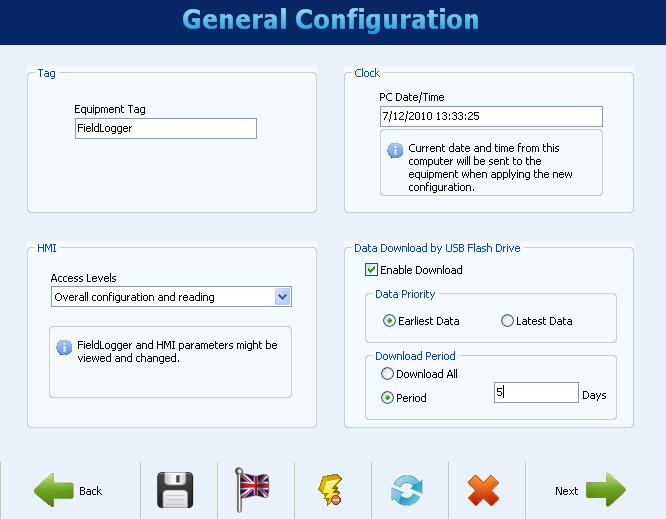GENERAL CONFIGURATIONS The first screen shows some general parameters of configuration for the FieldLogger: Tag (name) to be given to the equipment (maximum of 16 characters).