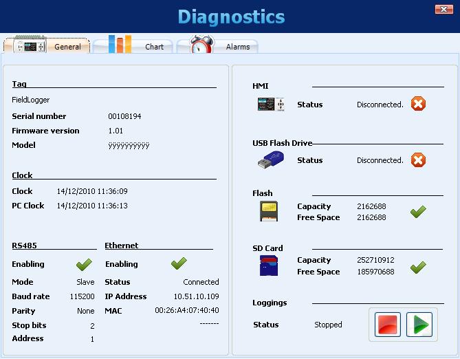 DIAGNOSTICS When you select the Diagnostics, the login screen will appear and you should indicate what type of interface to be used for reading the diagnostics parameters: RS485 (RS485 interface of